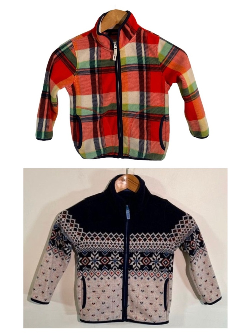 Boys Fleece Jacket Bundle 4T Red Plaid Zip Up & Blue Nordic Print Cozy Spring